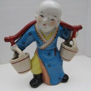Porcelain Chinese Vintage Asian Figure Statue Pottery Boy Carrying Water Pails